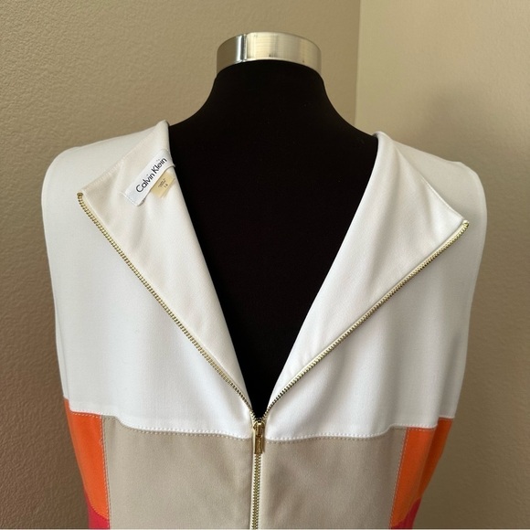 Calvin Klein Striped Color Block Sheath Sleeveless Orange Pink Midi Dress - Picture 9 of 12